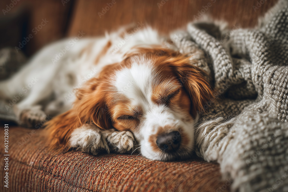 Pet dog sleeping on couch, cozy atmosphere
Pet dog sleeping on couch, cozy atmosphere