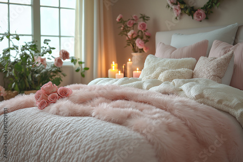 pink and white bedroom with pink roses and candles