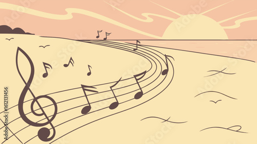 Download beach music notes vector art illustration for musical composition and sunset landscape background