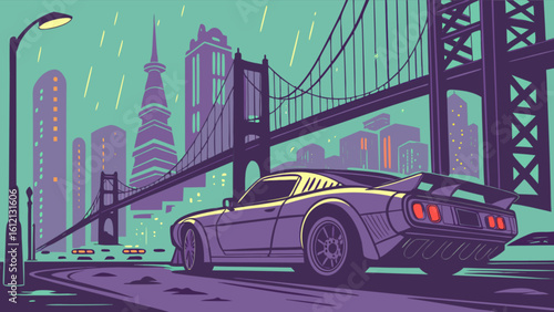 Retro car driving in san francisco city with golden gate bridge art illustration design concept