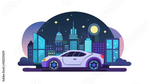 Car driving in city at night vector illustration for automotive industry and transportation concept design