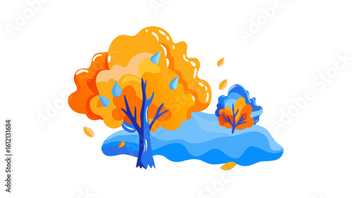 Autumn season rain weather with orange trees and blue water landscape vector illustration drawing design