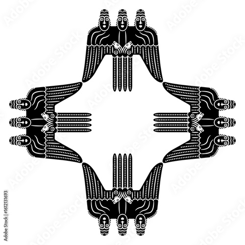 Geometrical ethnic cross shape design with fantastic winged creatures. Permian animal style. Totem ancestor or pagan deity from ancient Siberia. Black and white silhouette.