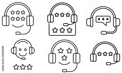 Customer service headset icons with star ratings and feedback bubbles