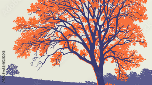 Autumn tree landscape illustration with orange leaves and blue branches nature scene vector design