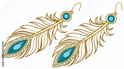 Elegant peacock feather earrings jewelry fashion accessory dangle earrings gold and teal art deco style 100