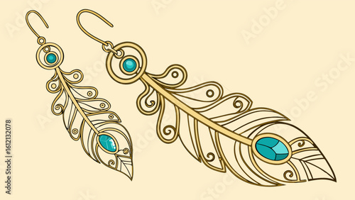Feather earrings jewelry gold turquoise gemstone dangle earrings bohemian style fashion accessory statement earrings