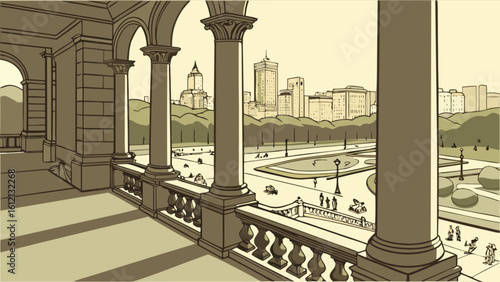 Cartoon architecture city park view drawing with columns and buildings in the background vintage style art