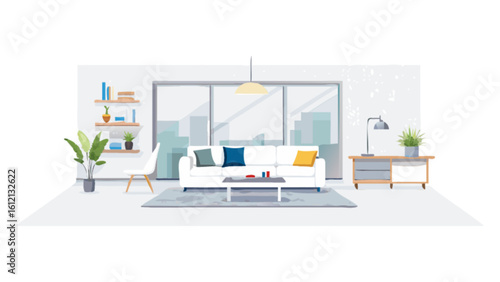 Modern living room interior design ideas with white sofa and furniture vector illustration art