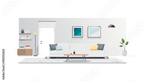 Modern living room interior design with sofa couch pillows art and plant for home decor ideas style