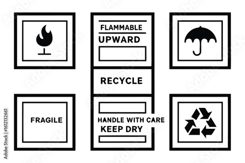 Standard Packing and Handling Symbols Icons for Safe Transportation and Logistics Black on White for Packaging and Delivery Information