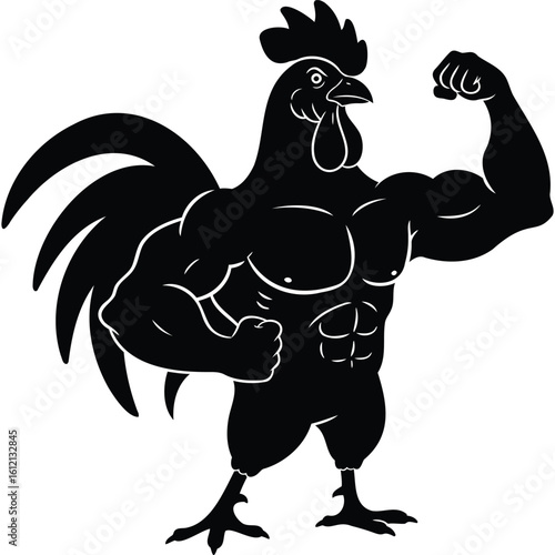 Muscular Rooster, Strong Cock, Fitness Bird, Powerful Chicken Silhouette