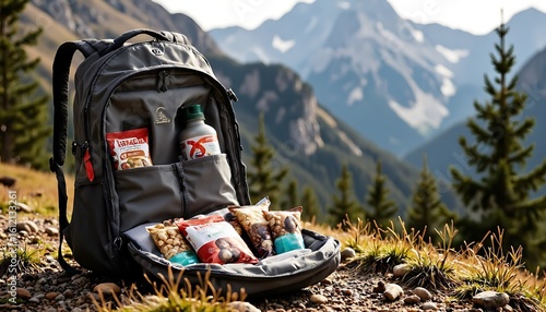 Adventure Hiking Backpack in Natural Outdoor Style with Healthy Snacks and Gear against Scenic Mountain Landscape with Copy Space