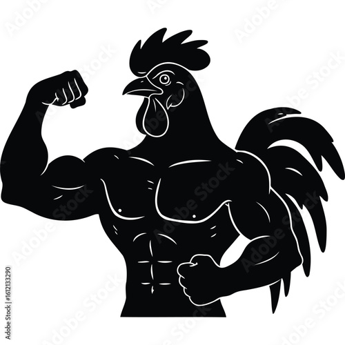Muscular Rooster Silhouette: Strong, Powerful Bird Bodybuilder