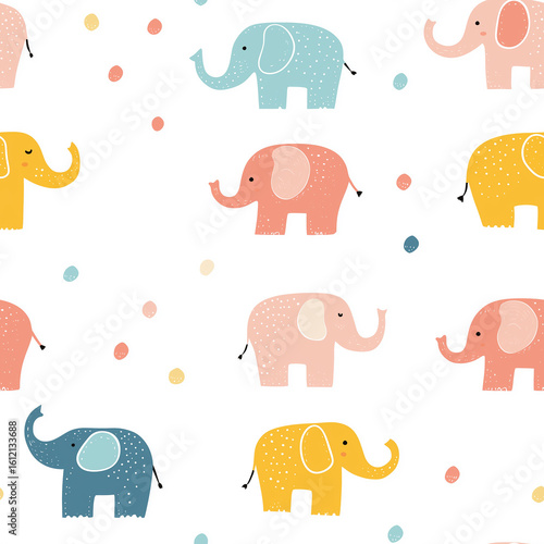 Colorful Cartoon Elephants on a White Background Create a Playful Pattern for...