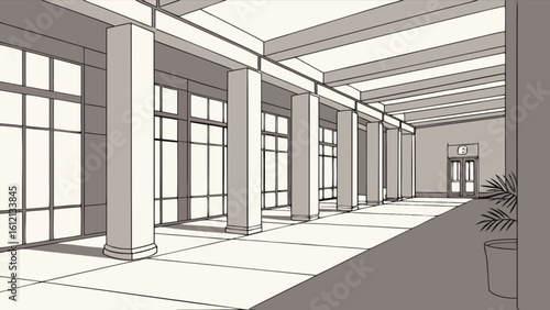 Illustration of a building interior hallway with columns and windows architecture design perspective view