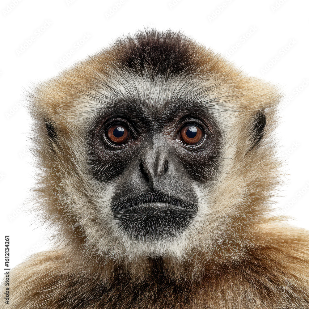 Fototapeta premium Close-up of a gibbon with expressive eyes in natural habitat showcasing unique features and emotions during daytime
