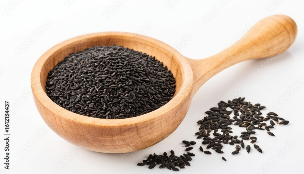 A wooden bowl with black sesame seeds on a white background, symbolizing naturalness and health. Perfect for culinary projects and healthy eating. A wooden bowl with black sesame seeds on a white background, symbolizing naturalness and health. Perfect for culinary projects and healthy eating.