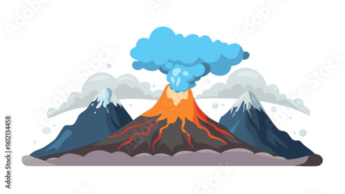 Volcano eruption landscape with mountains and smoke cartoon vector illustration scene for wallpaper background