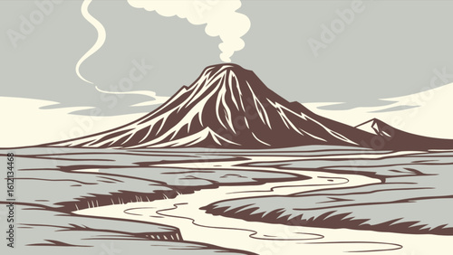 Volcano landscape vector illustration with river mountains and smoke for travel and nature designs