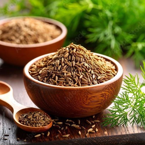 Wooden bowl of cumin seeds