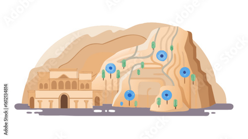 Scenic landscape illustration of mountainside building with trees and lakes for travel and tourism design