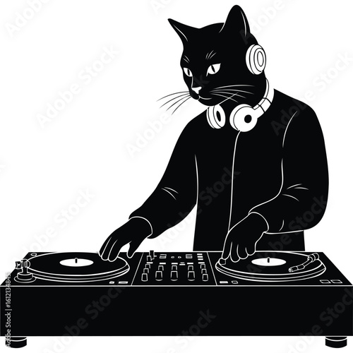 Cool Black Cat DJ Mixing Music on Turntables