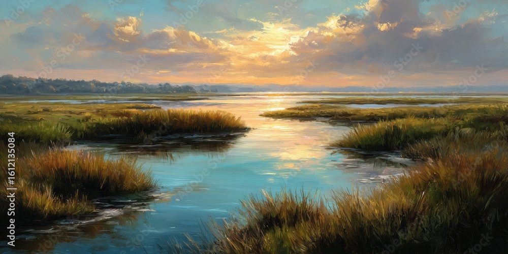 Golden Evening Light Over Serene Wetlands and River with Grassy Marshes and Dramatic Reflections in Still Water
Golden Evening Light Over Serene Wetlands and River with Grassy Marshes and Dramatic Reflections in Still Water