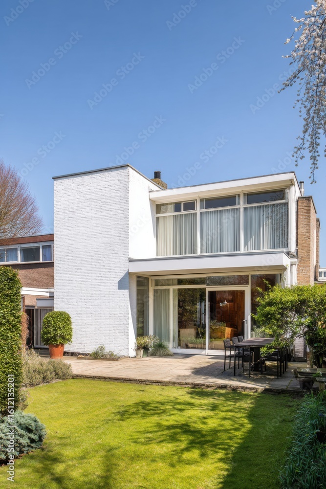 Fototapeta premium The contemporary architectural style of a stunning white house is enhanced by a generously sized garden and a charming outdoor dining area, all basking in the brilliance of a clear, sunny day