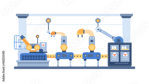 Automated manufacturing process vector illustration of robotic arms and assembly line production system