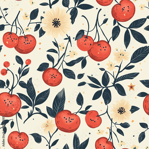 Decorative Floral Pattern Featuring Cherries and Blossoms on a Light Background.