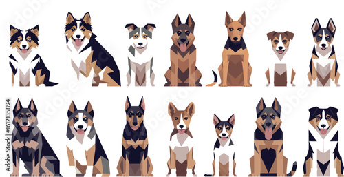 Set of stylized dog breed portraits. Geometric polygon vector illustrations of various canines.