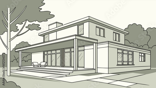Find your dream home modern house design architectural drawing with landscape and exterior view illustration