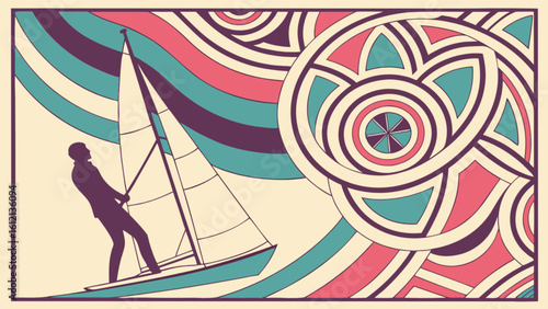 Retro sailing illustration with abstract wave and circle design for vintage nautical art prints and posters