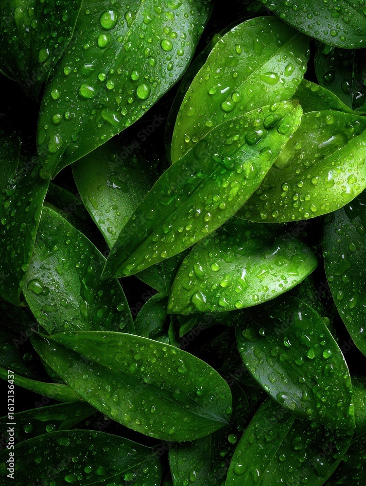 Fototapeta premium Lush green leaves with fresh water droplets, showcasing vibrant textures and a refreshing look.