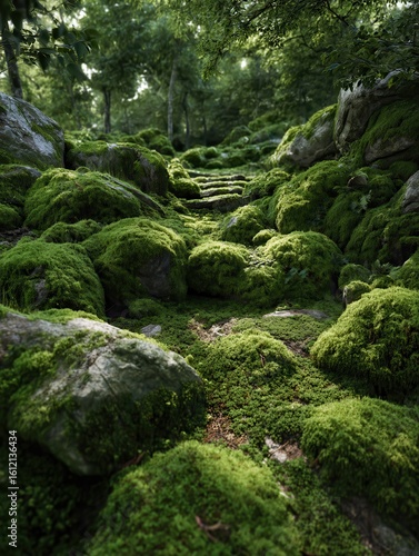 Beautiful Bright Green moss grown up cover the rough stones and on the floor in the forest