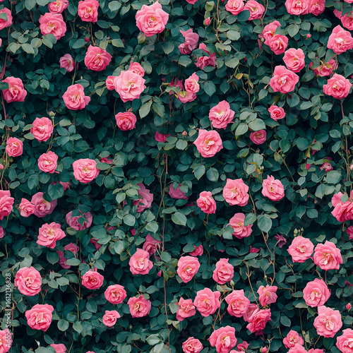 Vibrant Pink Roses Blooming Abundantly on a Lush Green Wall During Spring