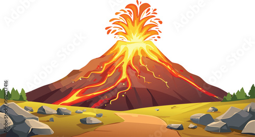 Distant Volcano Erupting with Glowing Lava and Rocky Foreground