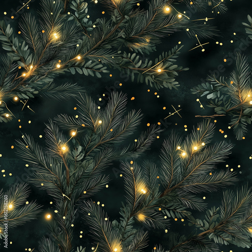 Elegant Evergreen Foliage With Twinkling Lights Against a Dark Backdrop