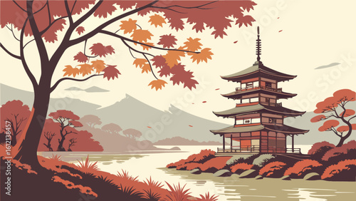 Autumn japanese pagoda landscape illustration vector art oriental temple scenic background nature travel asia