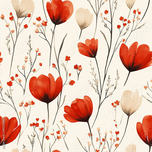 Floral Pattern Featuring Red and White Flowers on a Light Background.