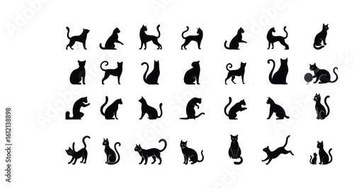 set of vector silhouettes of cats Playing and Jumping Poses, leaping, rolling, standing , chasing ball, crouching , play-fighting, Running, pawing, interacting on white backgroung