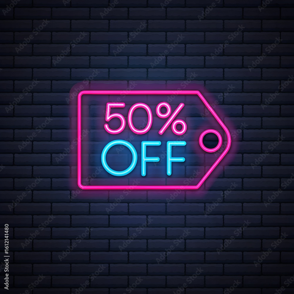 Fototapeta premium Neon 50 Off Sale Tag Discount Promotion Graphic