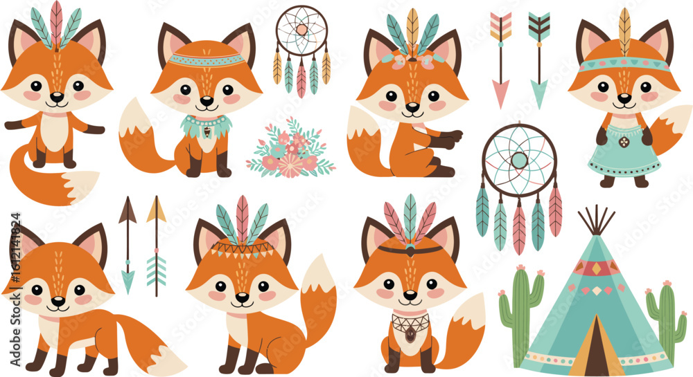Obraz premium Cute boho tribal fox character set with woodland elements like teepees and dreamcatchers