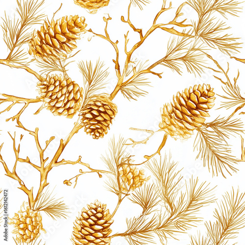 Artistic Pinecone and Pine Branch Pattern Ideal for Festive Decorations and S...