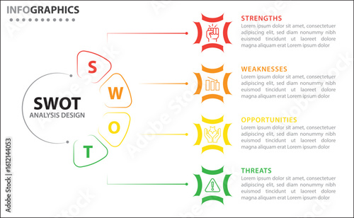 Clean and modern SWOT analysis infographic template. Editable design for presentations, business reports, or strategy plans. Highlights Strengths, Weaknesses, Opportunities, and Threats clearly.