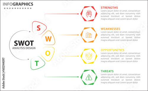 Clean and modern SWOT analysis infographic template. Editable design for presentations, business reports, or strategy plans. Highlights Strengths, Weaknesses, Opportunities, and Threats clearly.