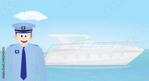 Captain of a boat in front of boat. vector	