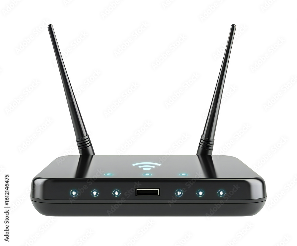 Fototapeta premium Photo of a modern black wireless router with two antennas and glowing blue indicator lights sits on a plain white surface, signifying connectivity isolated on transparent background