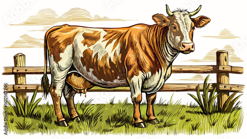 Highly detailed pen and ink drawing of a cow standing near a wooden fence in a grassy field, cross-hatching for shadow under the fence, precise details in the cow musculature and grassy 